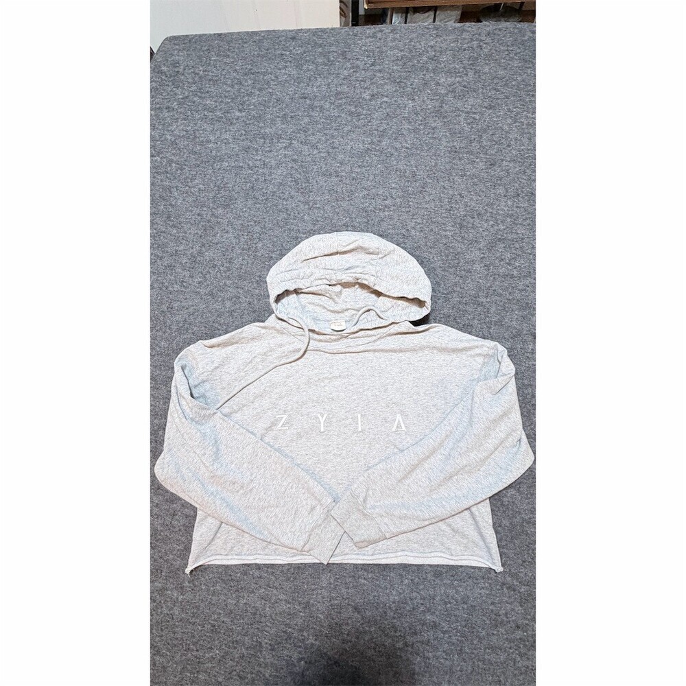 ZYIA Active Hoodie Womens M Heather Gray Cropped Raw Edge Logo Pullover